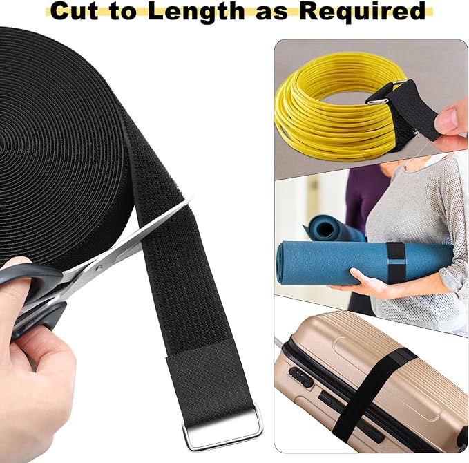1.5"x16ft Hook and Loop Straps with 15 Metal Buckles, Adjustable Fastening Cable Straps, Cut-to-Length Cinch Strap, Reusable Nylon Securing Cord Ties for Organizer or Storage, Black