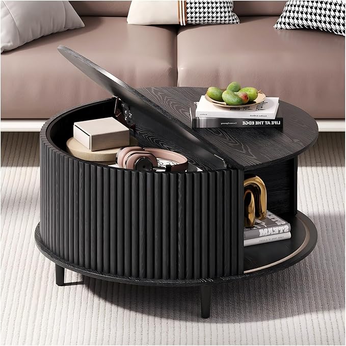 Round Coffee Table with Storage, 31.5" Center Table with Sliding Door,Fluted Small Coffee Table for Living Room,Black