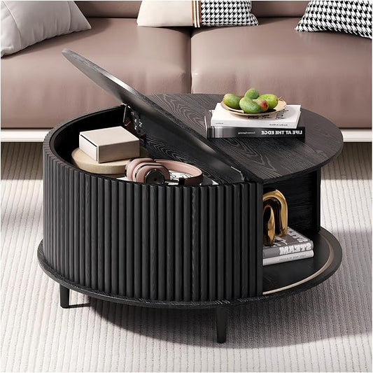 Round Coffee Table with Storage, 31.5" Center Table with Sliding Door,Fluted Small Coffee Table for Living Room,Black