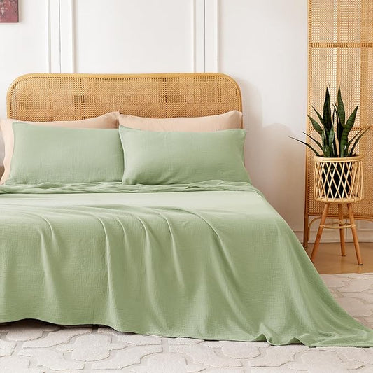 Twin Sheets Set 100% Cotton Bed Sheets Gauze 3 Pcs Sage Green Fall Line Like Sheet Set 16" Deep Pocket Twin Sheet & Pillowcase Sets Boho Muslin Soft All Season Bedding Sets Easy Care