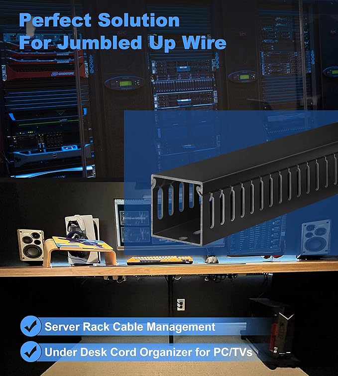 ZhiYo 66in(4X L16.5in) Professional Server Rack Cable Management Raceway, H2in x W2in Cable Raceway Kit, Electrically Safe PVC Open Slot Wire Raceway for Under Desk/Computer/Network Cords, Black