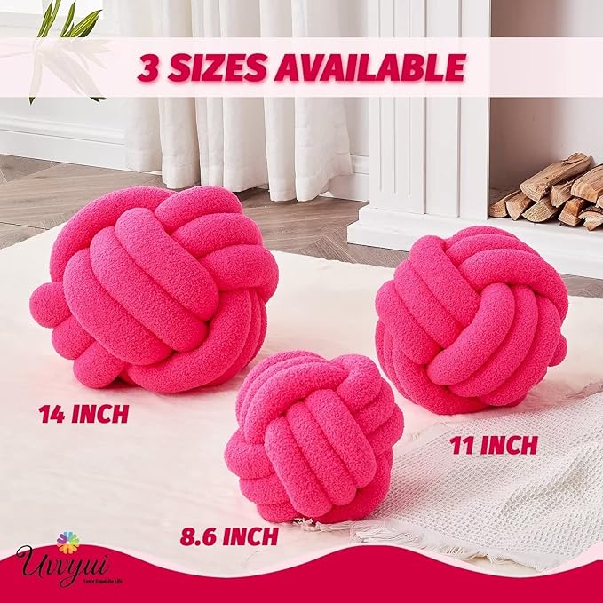 Uvvyui Knot Pillow Ball, Soft Home Decorative Pillows, Round Throw Pillow, Handmade Knotted Plush Pillow, Round Boucle Pillow Cushion (8.6 Inches Hot Pink)