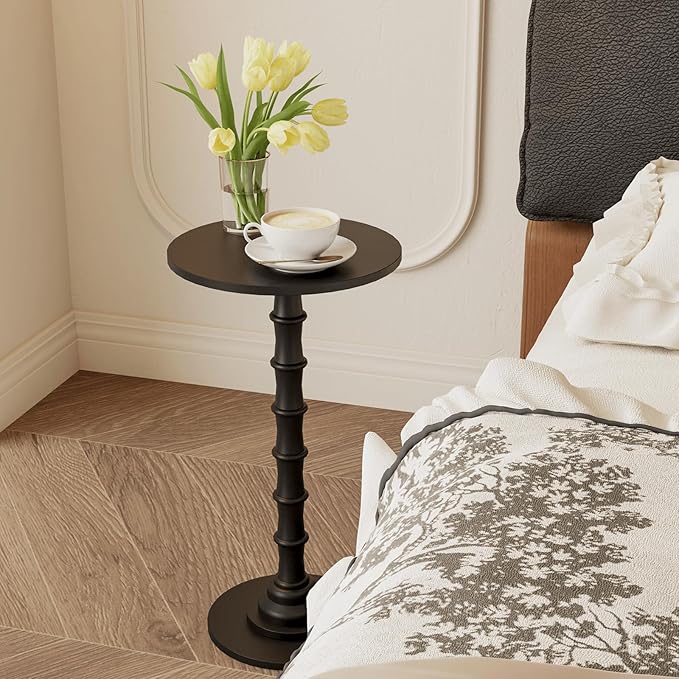 Round Side Table, Modern Drink Table for Small Spaces, Small End Table with Solid Wood Leg for Living Room, Bedroom, Corners, and Office (Black)