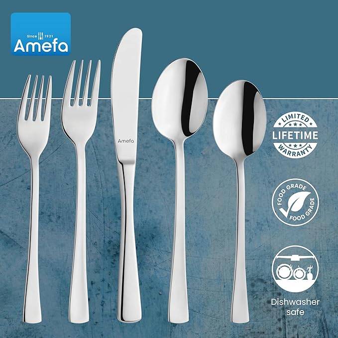 Amefa 45-Piece Silverware Flatware Cutlery Set Service for 8, Durable 18/10 Stainless Steel High Gloss Mirror Finish, tableware in Ergonomic Design Size and Weight, Dishwasher Safe (Atlantic)