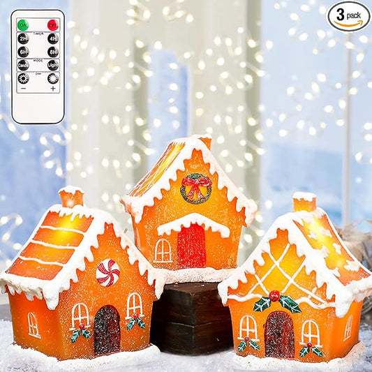 Christmas Gingerbread House Tabletop Decoration Lighted Christmas Village House Real Wax Battery Operated with Remote Flickering LED Light Christmas Village Decor for Mantel Desk Table Centerpiece