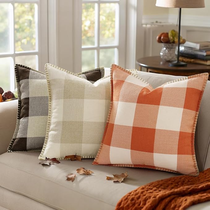 decorUhome Christmas Buffalo Plaid Check Throw Pillow Covers 22x22 Set of 2, Outdoor Linen Decorative Farmhouse Gingham Pillow Covers with Stitched Edge for Bed Couch Sofa, Cream White and Beige
