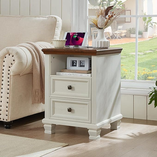 Farmhouse Side Table with Charging Station, Rustic White Nightstand,2 Drawers End Table for Living Room,Bedside Table with Open Shelf for Bed Room,White
