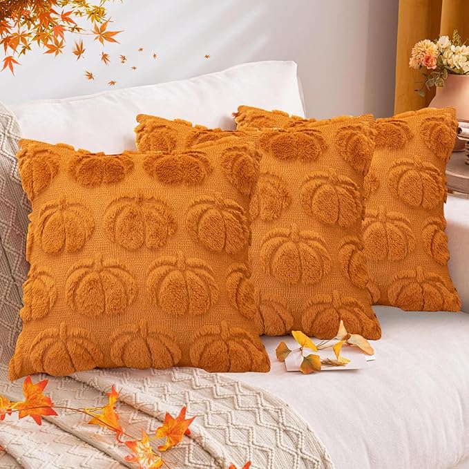 Pumpkin Fall Decorative Throw Pillow Covers 18"x18", Set of 2 Orange Soft Faux Fur Pillow Covers for Autumn Harvest, Fluffy Plush Accent Pillow Cases for Farmhouse Couch Cushion Covers