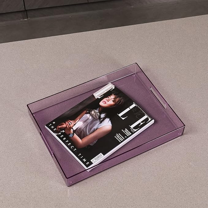 Sooyee Violet Clear Acrylic Serving Tray with Handles,16" x 12" Decorative Tray for Breakfast, Tea, Food, Butler,Coffee,Table Ottoman Vanity Countertop