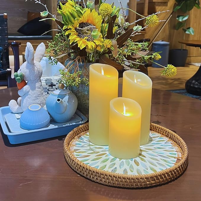 Rattan Serving Tray with Mother of Pearl, Round Coffee Table Tray Decor, Boho Decorative Round Hand-Woven Wicker Home Decor (Galaxy Blue, 12 inch)