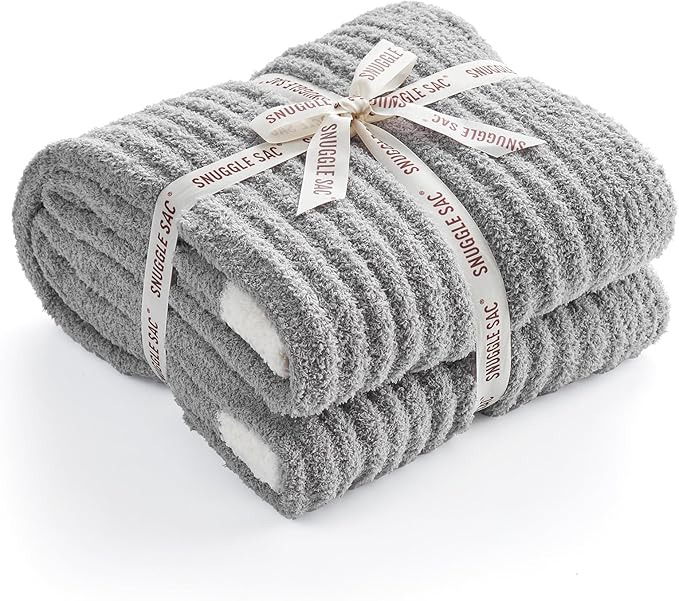 Snuggle Sac Queen Size Blue Blanket for Bed, Soft Luxurious Bedding Blankets, Large Fuzzy Plush Microfiber Blankets, Grey, 90x90 inches