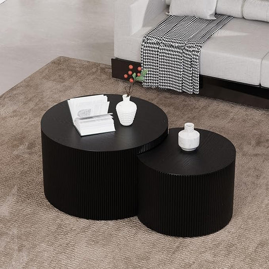 Round Nesting Coffee Table Set 2 Piece, Modern DrumStackable Side Table for Living Room/Bedroom Small, Space-Saving Accent Furniture with Scratch-Resistant Design (A Black 27.56 in)