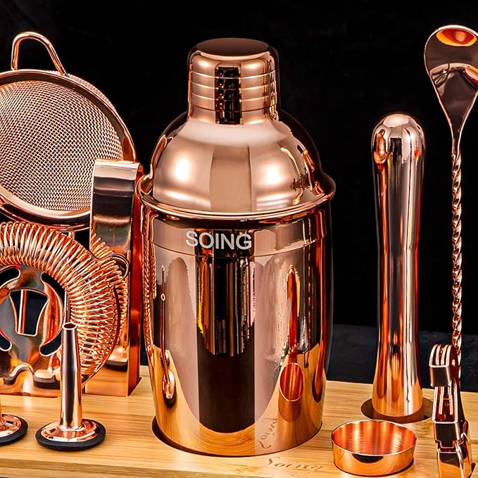 Soing 11-Piece Rose Copper Bartender Kit,Perfect Home Cocktail Shaker Set for Drink Mixing,Stainless Steel Bar Tools with Stand,Velvet Carry Bag & Cocktail Recipes Cards (Rose Copper)