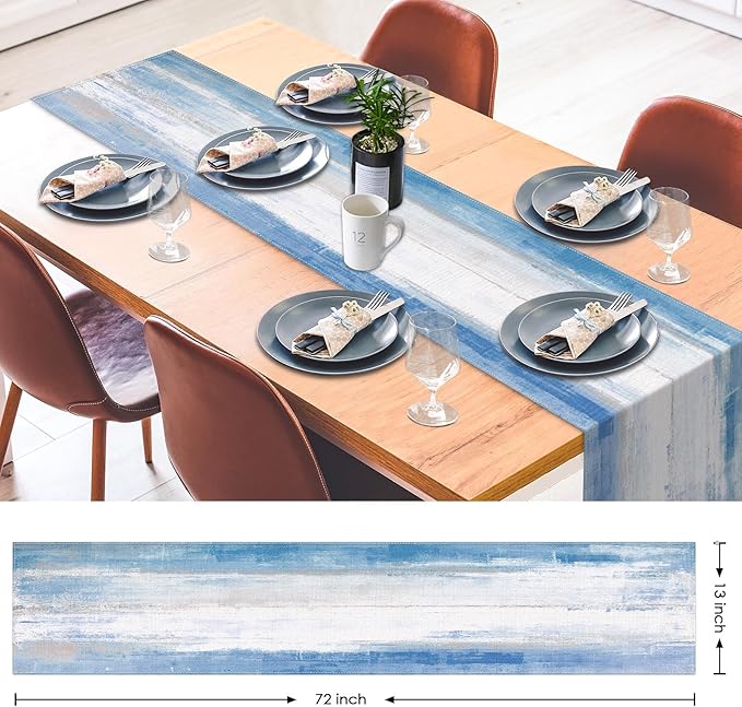 Emvency Farmhouse Table Runner, Blue and Grey Abstract Art Painting for Kitchen Coffee Table Family Dinners Holiday Parties Wedding Events Decor(13x72 inch)