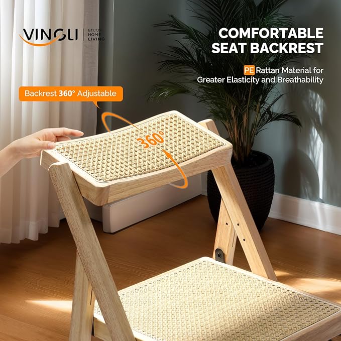 VINGLI 4 Pack Rattan Dining Chair, Wood Folding Chair with 360° Swivel Backrest, Rubberwood Frame and Rattan Woven Seat and Back, Natural Color, Set of 4