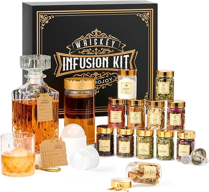 Whiskey Infusion Kit Gifts for Men – 12 Natural Ingredients, Decanter, Infusion Jar, Glass, Ice Mold – DIY Whiskey, Bourbon, Rum & Cocktail Infusion Set for Him, Dad, Husband