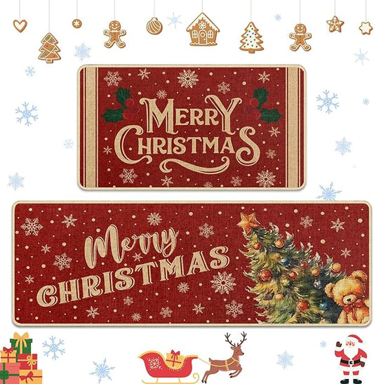 Christmas Snowflake Tree Kitchen Rugs and Mats Non Skid Washable Set of 2, Bear Xmas Kitchen Mats for Floor Decor