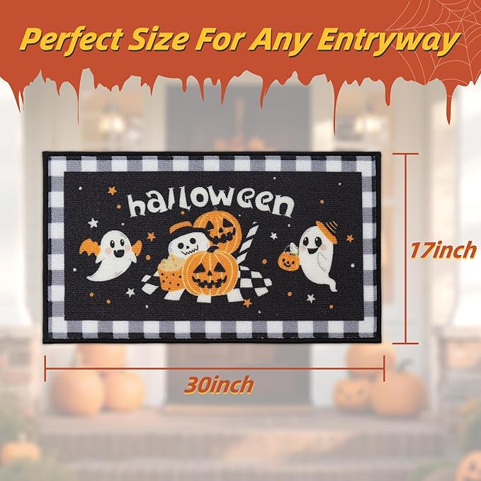 JSEI Halloween Holiday Doormat, 17''x30'' Non-Slip Ghost and Pumpkins Decorative Welcome Mats for Floor, Low-Profile Entryway Rugs Washable, Ghost and Pumpkins Pattern Black