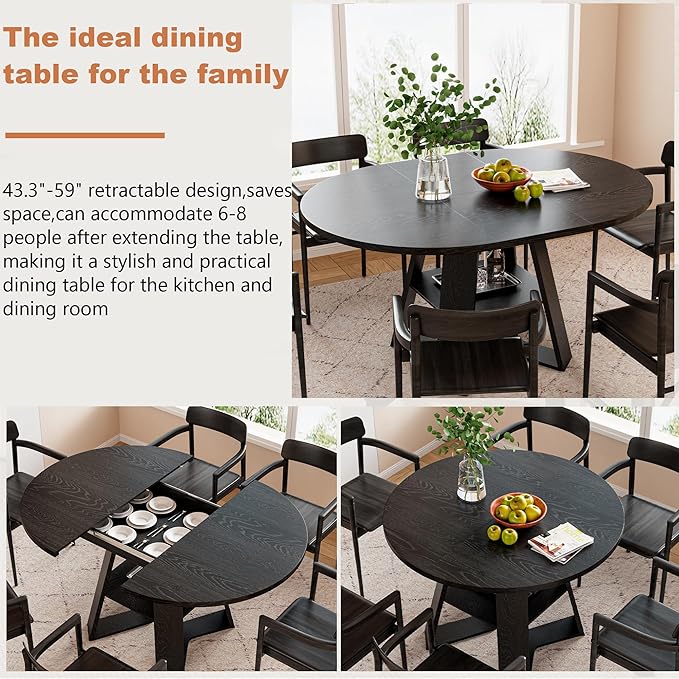 43.3in-59in Extendable Round Dining Table for 2-8,Modern Kitchen Oval Dining Table with Removable Leaves Space Saving,Wood Base with Storage Shelf for Kitchen Living Room (Black Style 3)