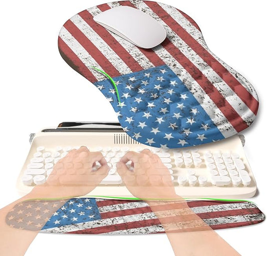 2-in-1 Ergonomic Set, Wave Rise Keyboard Wrist Rest and Massage Bulge Slope Mouse Pad Wrist Support, Cushion Memory Foam Integrated to Relieve Wrist Pain, American Flag