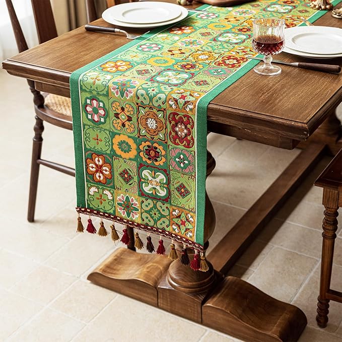 13×72 Inch Table Runner, Retro-Luxury Tassels Series for Kitchen Dining Table Holiday Decoration (Ethnic Green)