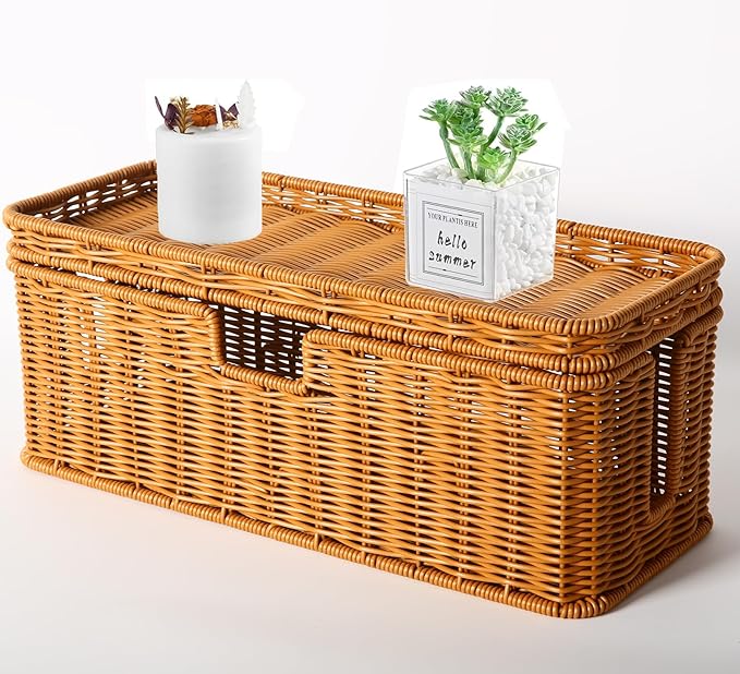 Handmade Cable Management Box, Rattan Cord Organizer Basket with Border Bar Lid, 3 Open Slots Cords Hider Box, Desk Organizer for TV Wires Computer Router USB Hub & Power Strip (Natural)