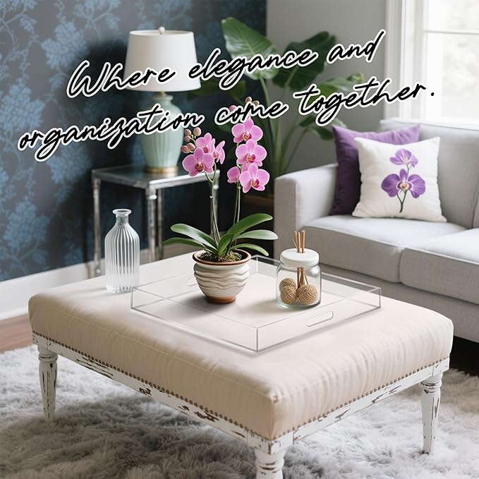 Clear Acrylic Serving Tray with Handles-Butler Trays for Coffee Table, Snacks,Breakfast in Bed, Kitchen Countertop,Vanity,Makeup Organizer,Ottoman (Clear, 20x20 Inches)