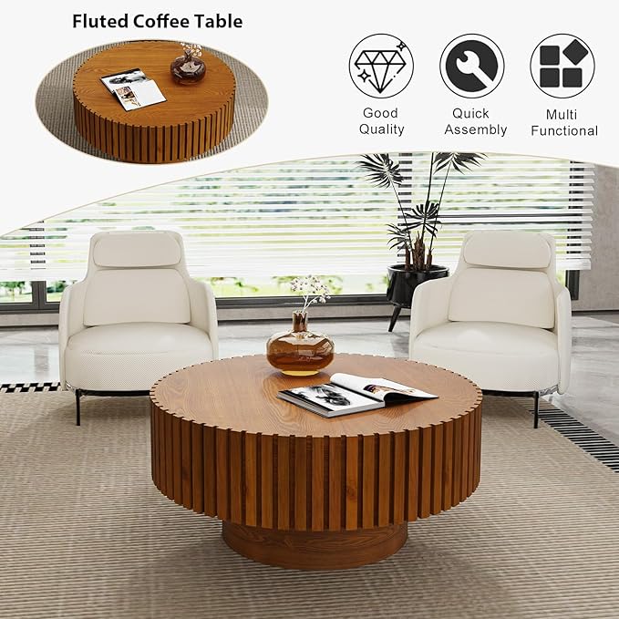 Round Fluted Coffee Table Mid Century Modern Coffee Tables with Handcrafted Relief Circle Drum End Table Rustic Industrial Center Tables for Apartment Living Room (Wood Round)