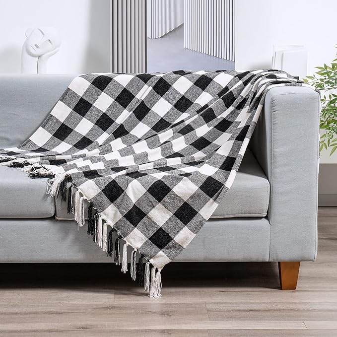 RECYCO Buffalo Paid Chenille Throw Blanket for Couch, Soft Cozy Decorative Buffalo Check Blanket Throw with Tassels for Bed Sofa, Lightweight Chenille Knitted Throw, Plaid Black Off White, 50'' x 60''