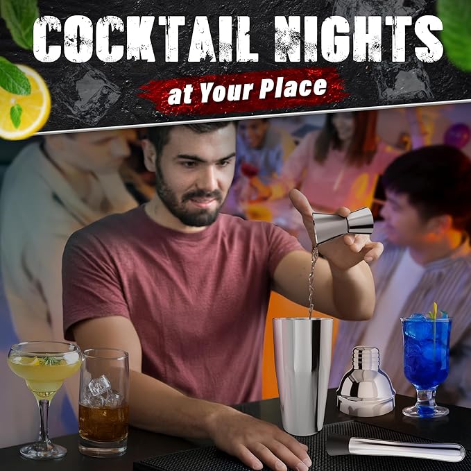 Bar Tool Set – Stainless Steel Mixed Drink Shaker Set with 10 Accessories, Durable & Easy to Clean – Bartender Kit with Stand | Wooden Organizer for Home Bar Setup, Great Gift for Cocktail Enthusiasts