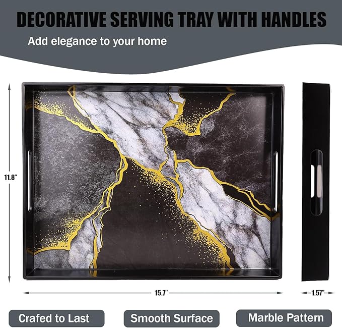 Marble Black Decorative Tray for Coffee Table, Ottoman, Rectangular Plastic Serving Platter Tray with Handles for Entertaining, Outdoor Patio, Living Room Counter, 15.7”*11.8”*1.6”