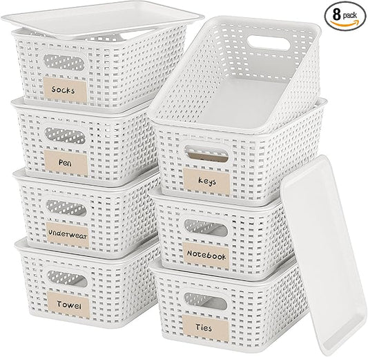8-Pack White Plastic Storage Baskets with Lids, Label Organizers, Stackable Organizer Containers: For Organizing Shelves, Drawers, Desk Closets, Playrooms, Classrooms, Offices