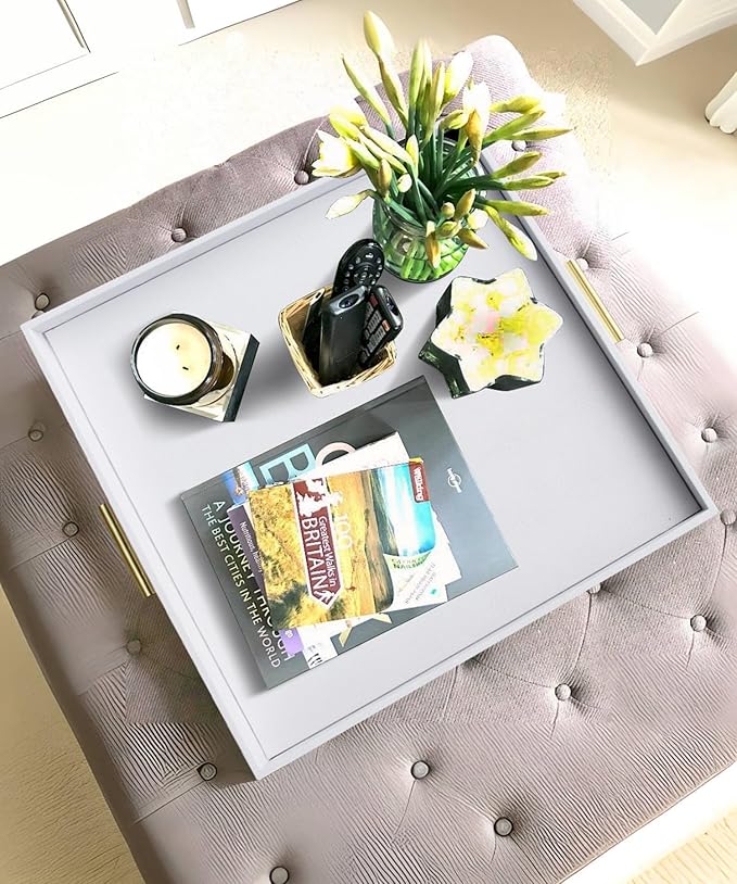 HofferRuffer Extra Large Square Serving Tray, Elegant Faux Leather Ottoman Tray with Gold Hardware Handles, Serve Tea, Coffee or Breakfast in Bed, 24 x 24 inches (White Shagreen)