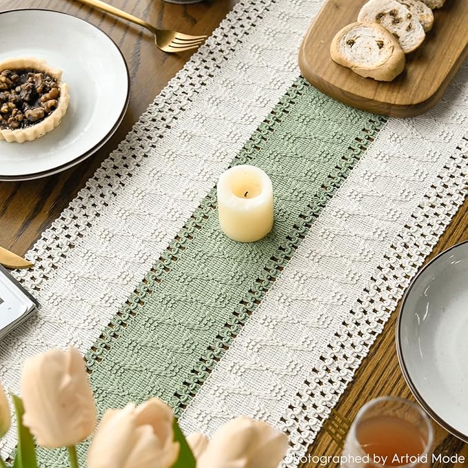 Artoid Mode Light Green Farmhouse Rustic Table Runner, Seasonal Holiday Hollow Kitchen Dining Table Decoration for Home Party Decor 12x60 Inch