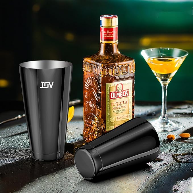IOV Boston Cocktail Shaker Set, 18oz & 28oz Stainless Steel Weighted Shaker Tins, Metal Martini Drink Mixer for Bartending, Professional Bar Tools with Cocktail Recipe Guide, Black