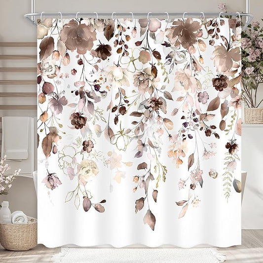 Brown Floral Shower Curtain 72Wx72L Inch Autumn Fall Flower Tan Watercolor Eucalyptus Leaf Pastel Bathroom Set Country Shabby Botanical Plant Bath Curtain Bathtub Accessories Home Decor