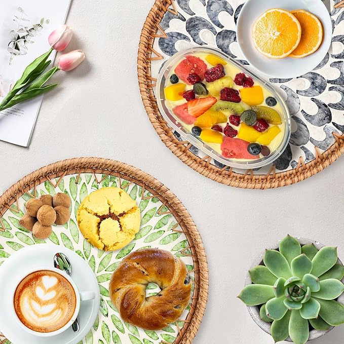 Round Rattan Serving Tray with Mother of Pearl Inlay & Coaster, Boho Wicker Basket, Decorative Coffee Table Tray for Table Decor, Storage and Display of Coffee Bread Fruit (Leaf)