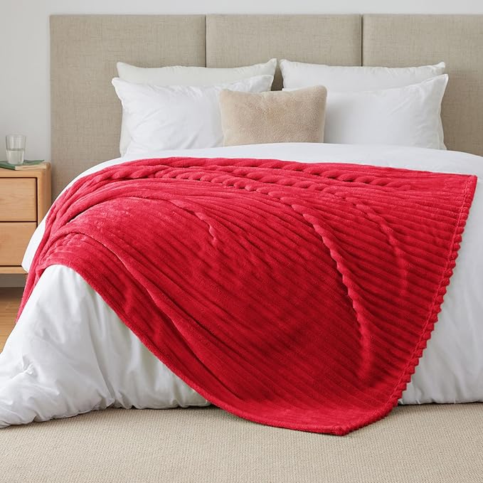 BEDELITE Blankets Queen Size for Bed, 300GSM Soft & Warm Fleece Blanket, Decorative and Giftable Striped Red Blankets for Women, Men, 90"x90"