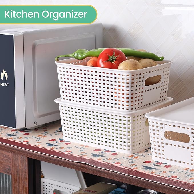 Plastic Storage Baskets with Lid - Plastic Storage Containers Stackable Storage bins: Storage Baskets for Organizing Shelves Drawers Desktop Closet Playroom Classroom Office, 8 Pack-White