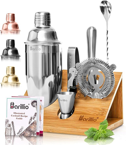 Barillio Bartender Kit - Stainless-Steel Cocktail Shaker Set with Bamboo Stand - Mixology Bar Tools w/Shaker, Drink Mixer Spoon & Muddler for Cocktails - Home Bar Accessories - 10-Pc Bar Set - Silver