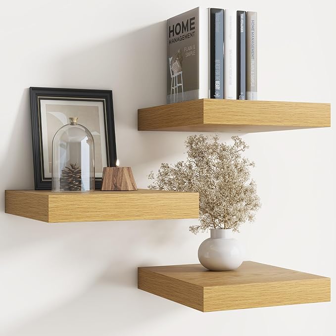 Floating Shelves for Wall with Invisible Brackets, Wall Mounted Engineered Wood Shelves with Wood Grain for Living Room, Bedroom, Bathroom, Kitchen Decor and Storage, Oak, 12"L Set of 3, Oak