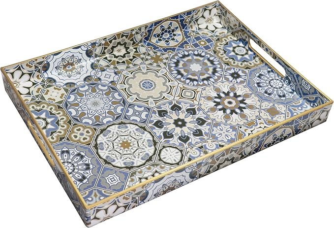 Boho Sturdy Acrylic Serving Tray with Handles-15.7x11.8Inch, Morden Plastic Rectangular Serving Tray for Coffee Table Bathroom, Ottoman, Home Decor