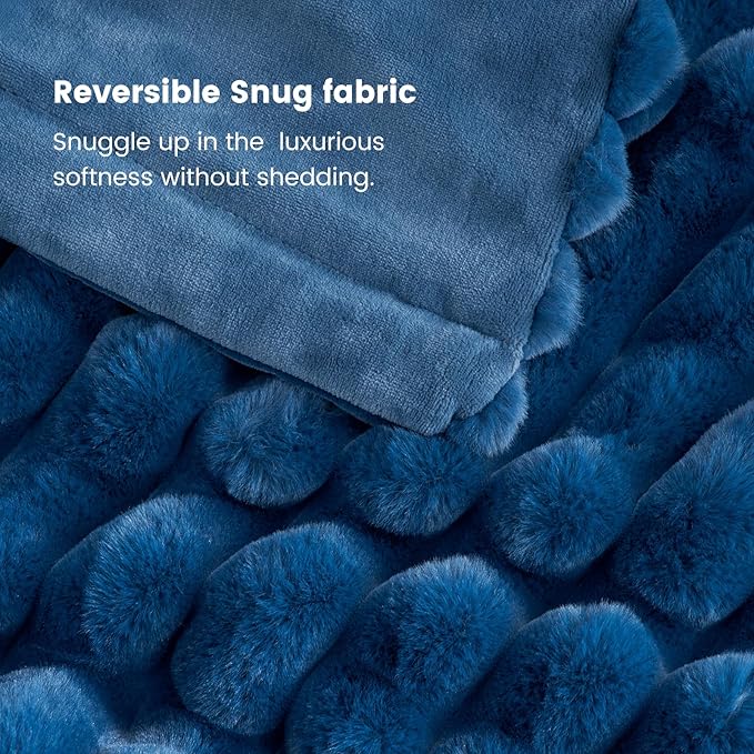 Cozy Bliss Faux Fur Throw Blanket for Couch, Cozy Warm Plush Striped Blanket for Sofa Bedroom Living Room, 50 * 60 Inches Navy Blue