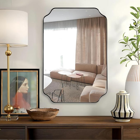 Black Bathroom Mirrors for Wall, 24x36 Inch Black Scalloped Rectangle Mirror with Rounded Notched Corner in Stainless Steel Frame Wall Mounted Vertical or Horizontal Ideal for Home Decor