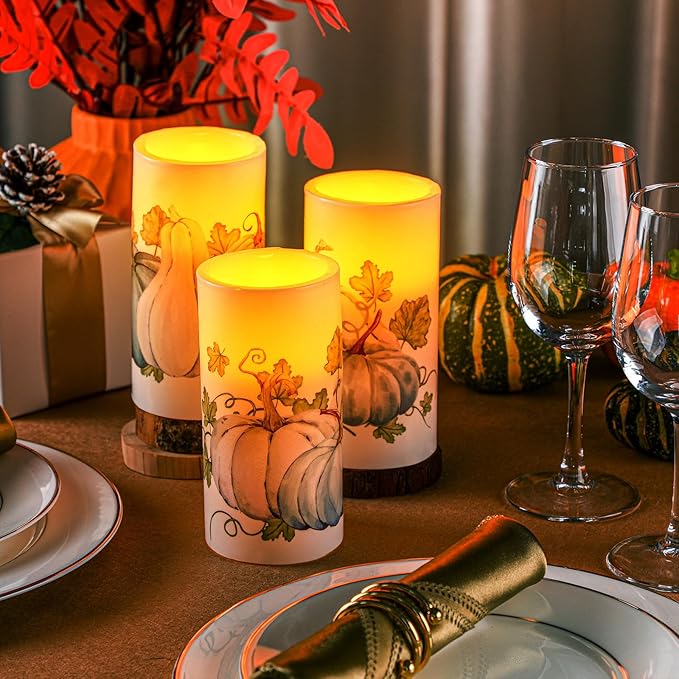 ROCEEI 3 Pack Thanksgiving Fall Flameless LED Candles with Remote Blue Pumpkin Battery Operated Real Wax Black and White Autumn Candles Thanksgiving Decor Gift(Fresh Style)
