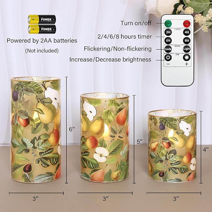 Autumn Flameless Candles with Remote Timer Apple Pear Glass Flickering Battery Operated LED Candles for Home Room Party Wedding Holiday Fall Decor - Set of 3