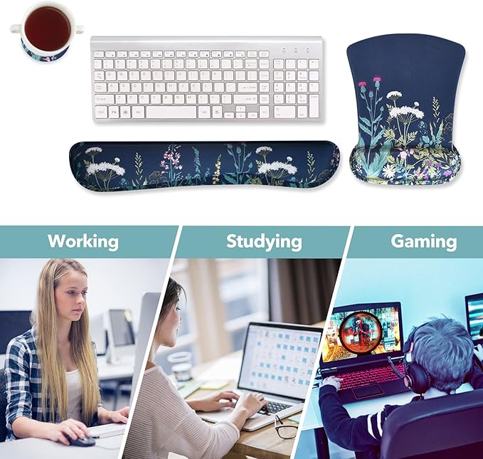 AIMSA Ergonomic Keyboard Wrist Rest and Mouse Pad with Wrist Support Set, Memory Foam Non-Slip Rubber Base, for Home, Office, Easy Typing, Pain Relief, Flowers Plants