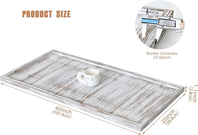 40"x20" Extra Large Long Rectangle Ottoman Table Tray - Rustic Wooden Serving Tray for Farmhouse Decorative Oversized Coffee Table Trays Living Room Kitchen Counter Breakfast White