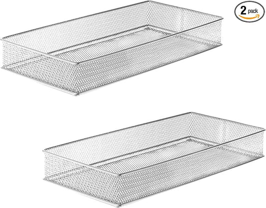 YBM HOME Silver Mesh Drawer Cabinet and or Shelf Organizer Bins, School Supply Holder Office Desktop Organizer Basket (2, 6x12x2 Inch)