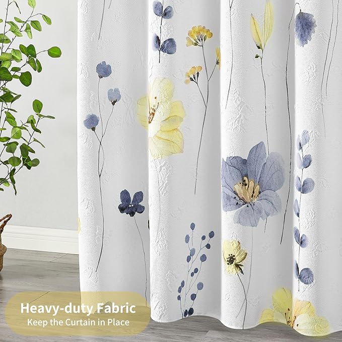 QIYI Watercolor Floral Shower Curtain, 3D Embossed Butterflies Blue Yellow Flower Bathroom Curtain, Minimalist White Cloth Bath Curtain, Waterproof Fabric Textured Shower Curtain Set with Hooks, 72x72